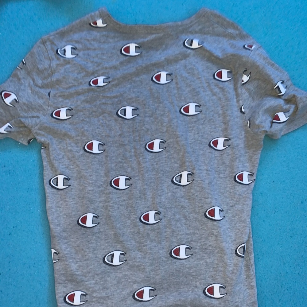 Grey champion shirt with all over champion logos